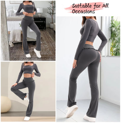 Frill Yoga Set for Women – Tummy Control Flare Pants & Long Sleeve Top (Dark Grey)