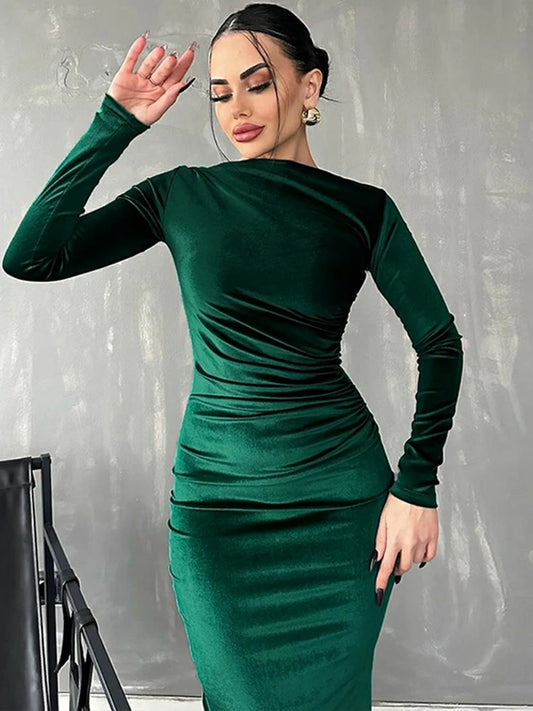 Dulzura 2025 Elegant Velvet Midi Dress – Ruched Long Sleeve Evening Outfit